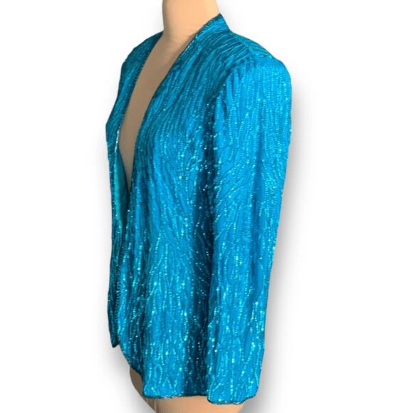 Vintage Stenay Blue Silk Metallic Sequin Beaded Open Front Blazer Jacket Large - Picture 4 of 11